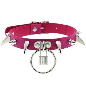 Punk Gothic Leather Horn Rivet Collar Personalized Hanging Ring Plus Lock Neck (Color: Rose Red, style: 32Style)