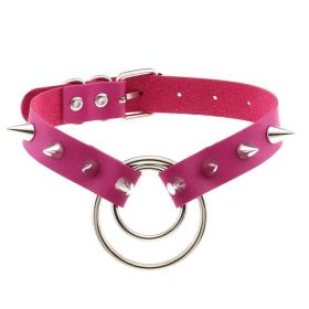 Punk Gothic Leather Horn Rivet Collar Personalized Hanging Ring Plus Lock Neck (Color: Rose Red, style: 5Style)