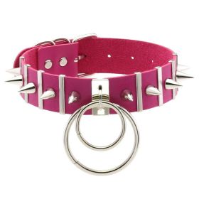 Punk Gothic Leather Horn Rivet Collar Personalized Hanging Ring Plus Lock Neck (Color: Rose Red, style: 8Style)
