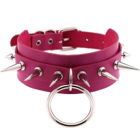 Punk Gothic Leather Horn Rivet Collar Personalized Hanging Ring Plus Lock Neck (Color: Rose Red, style: 24Style)