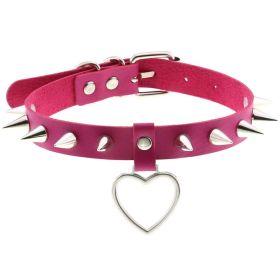 Punk Gothic Leather Horn Rivet Collar Personalized Hanging Ring Plus Lock Neck (Color: Rose Red, style: 18Style)