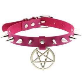Punk Gothic Leather Horn Rivet Collar Personalized Hanging Ring Plus Lock Neck (Color: Rose Red, style: 9Style)
