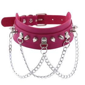 Punk Gothic Leather Horn Rivet Collar Personalized Hanging Ring Plus Lock Neck (Color: Rose Red, style: 22Style)