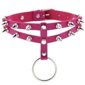 Punk Gothic Leather Horn Rivet Collar Personalized Hanging Ring Plus Lock Neck (Color: Rose Red, style: 13Style)