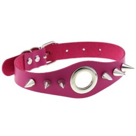 Punk Gothic Leather Horn Rivet Collar Personalized Hanging Ring Plus Lock Neck (Color: Rose Red, style: 2Style)